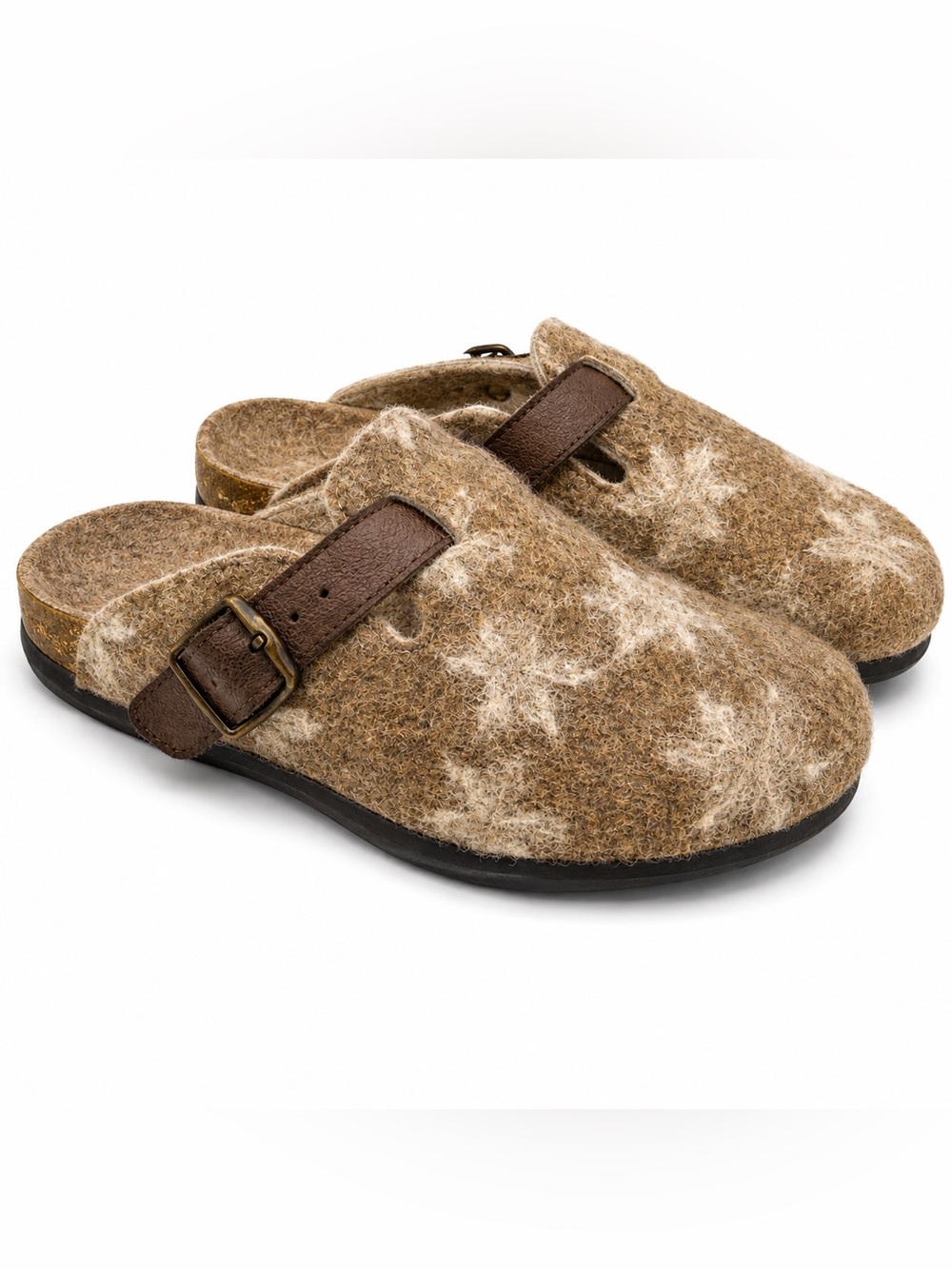 Dr Andrew Weil Wool Felt Clogs Brown Leather Buckle Cork Comfort Mules